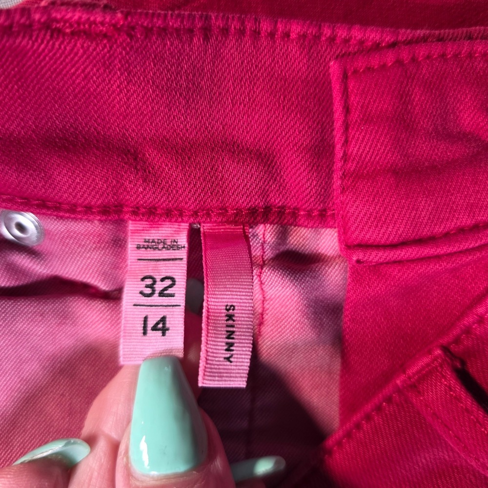 LOFT Red/Pink Skinny Jeans Raw Fringe Hem High Rise Size 14 (32) Slim Denim - Picture 6 of 11